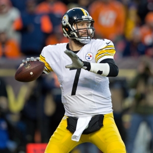 Steelers QB BEN ROETHLISBERGER readies to throw a pass during the 2nd. Half at Sports Authority Field at Mile High Sunday afternoon. The Broncos beat the Steelers 23-16 and advance the the AFC Championship game against the Patriots next week.