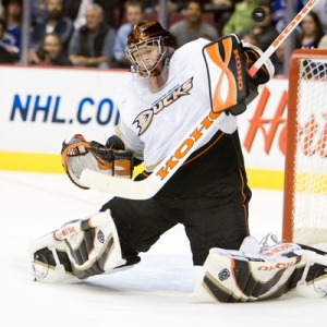goalie Jonas Hiller (No. 1) of the Anaheim Ducks