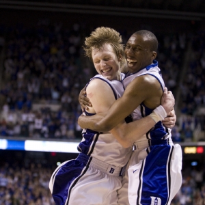 Duke guard Nolan Smith (2) celebrates with Duke forward Kyle Singler