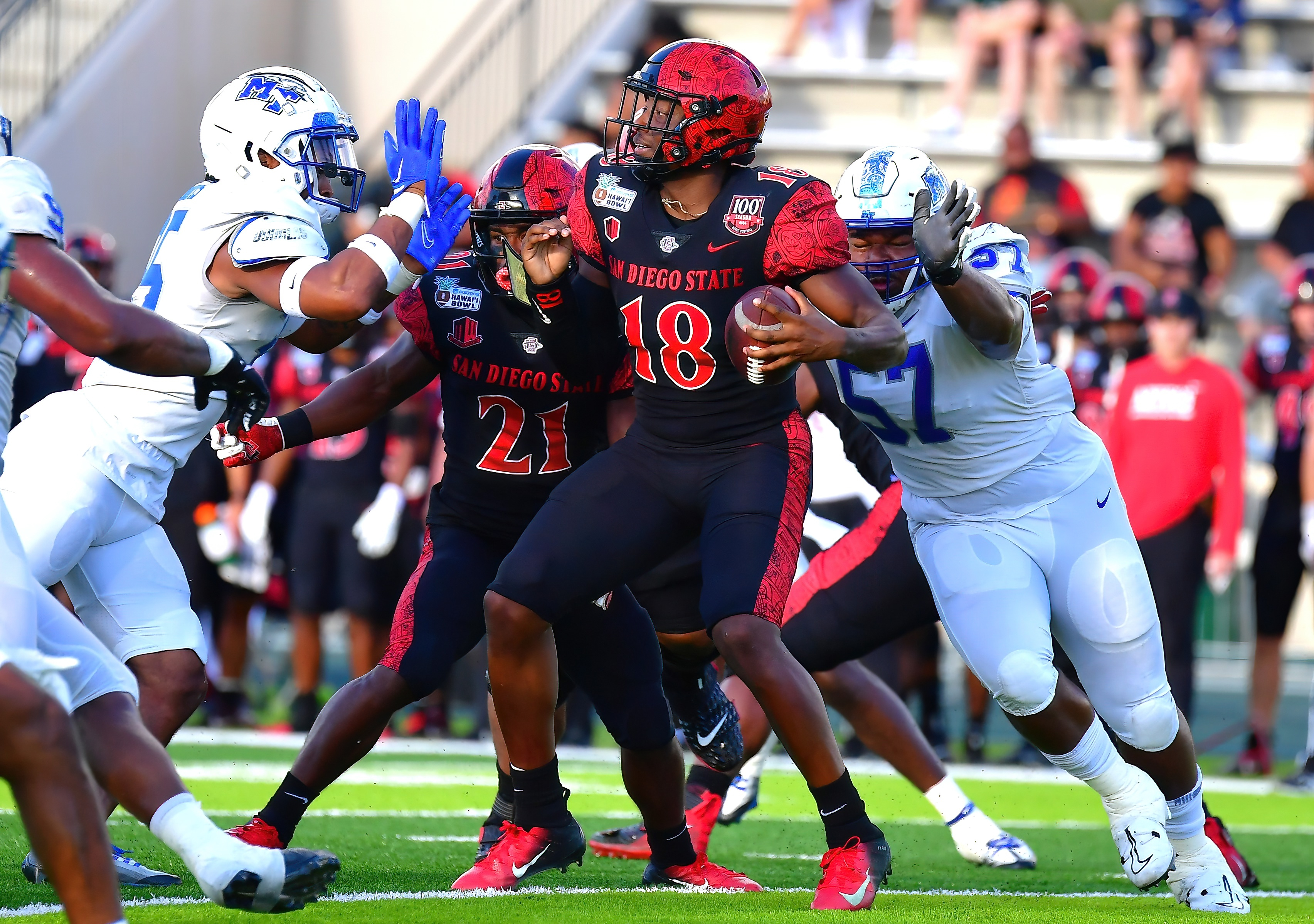 NCAA football predictions Week 0 opening line report Jalen Mayden San Diego State Aztecs