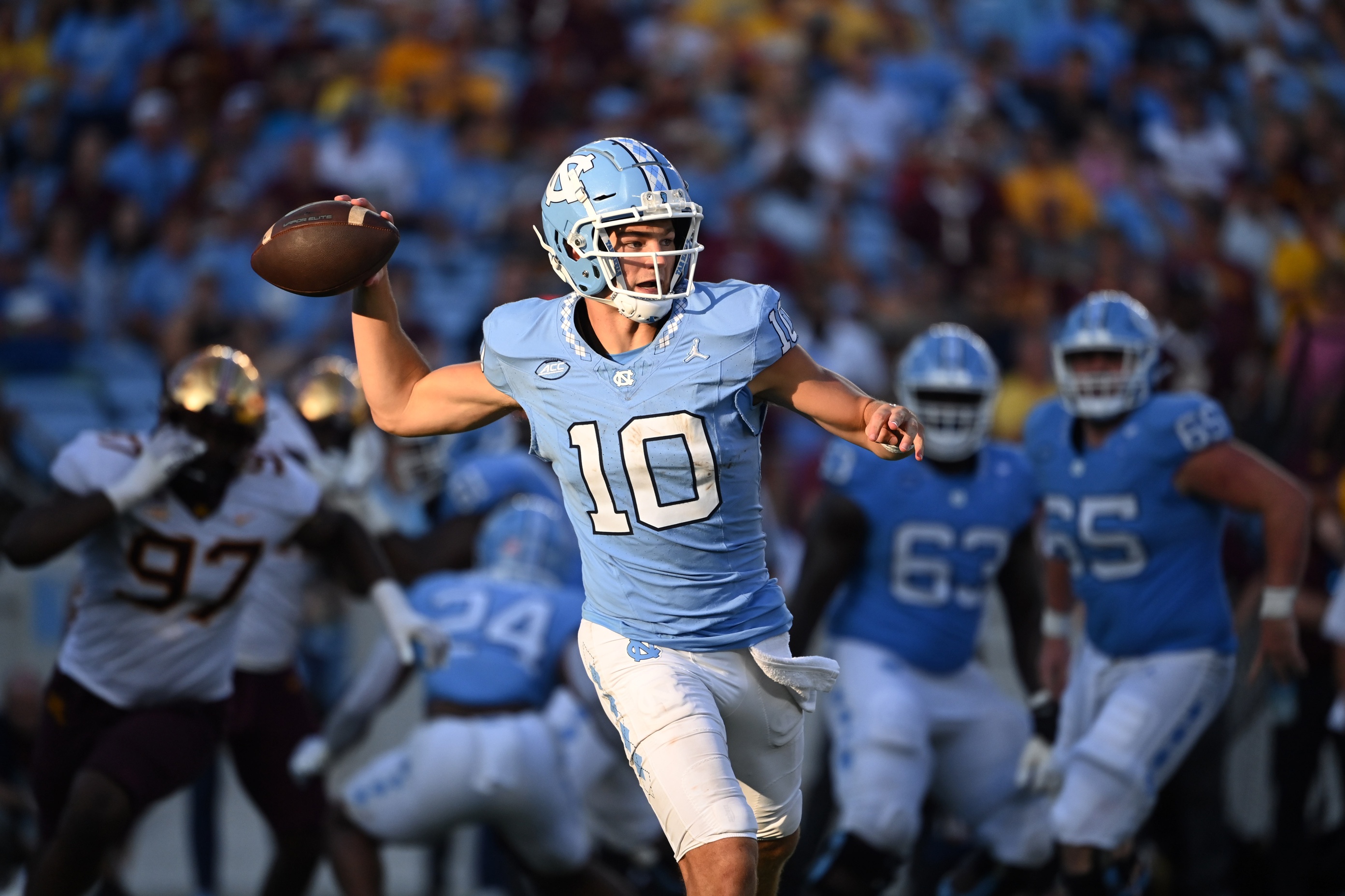 NCAA football predictions Week 4 opening line report Drake Maye UNC Tar Heels