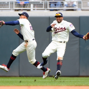 Minnesota Twins Left field Eddie Rosario (20) and Minnesota Twins Center field Byron Buxton (25) nearly collided on this fly ball during a MLB game between the Minnesota Twins and Houston Astros.
