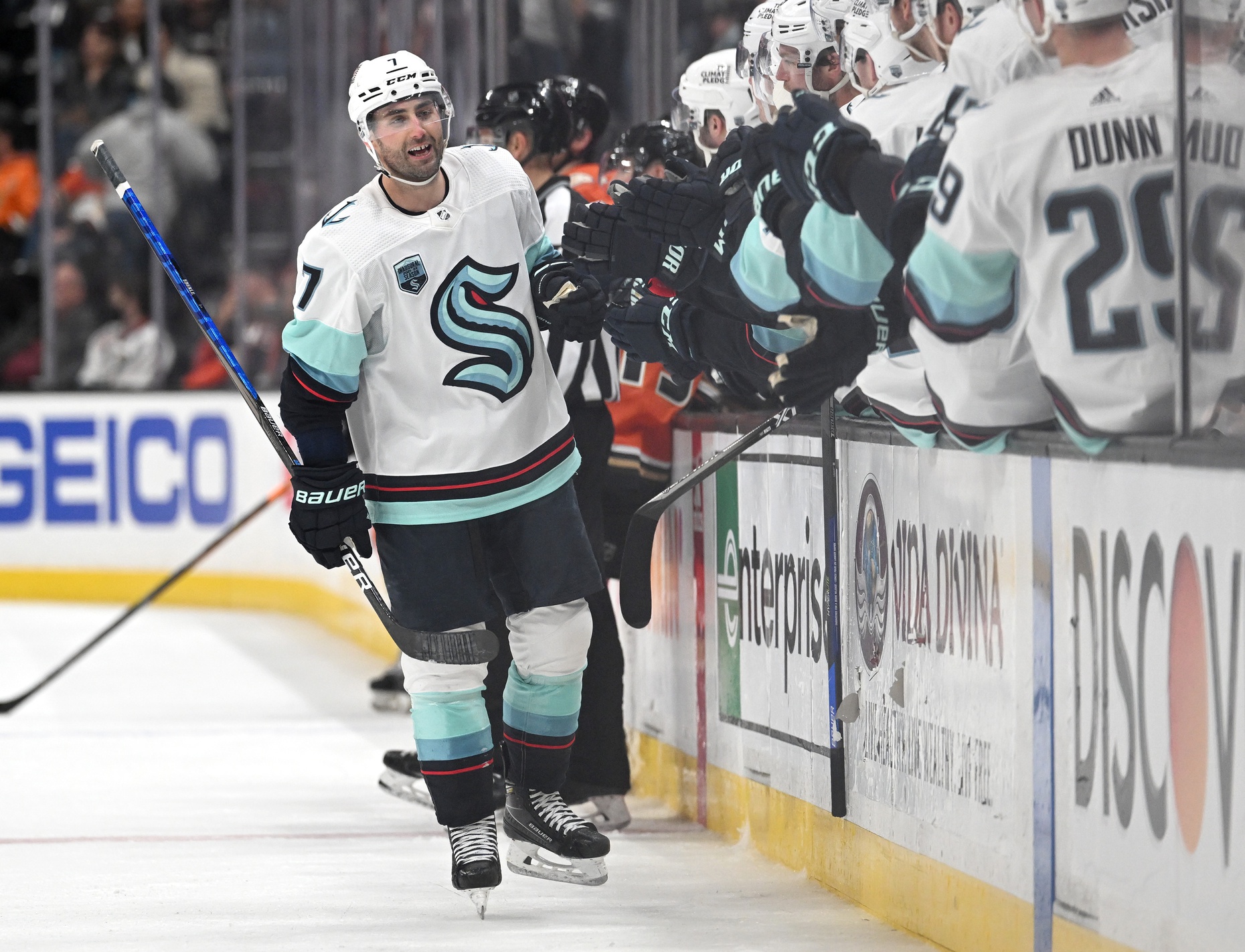 Jordan Eberle of the Seattle Kraken skates against the New Jersey