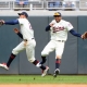 Minnesota Twins Left field Eddie Rosario (20) and Minnesota Twins Center field Byron Buxton (25) nearly collided on this fly ball during a MLB game between the Minnesota Twins and Houston Astros.