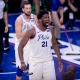 Philadelphia 76ers Center Joel Embiid (21) celebrates after a dunk in the first half of a home game. 