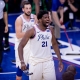 Philadelphia 76ers Center Joel Embiid (21) celebrates after a dunk in the first half of a home game.