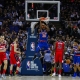 Mitchell Robinson of the New York Knicks scores two points from a slam dunk.